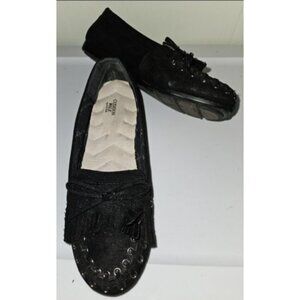 CUSHION WALK Black Suede Moccasin Loafers Ladies Size 8 Metal Trim